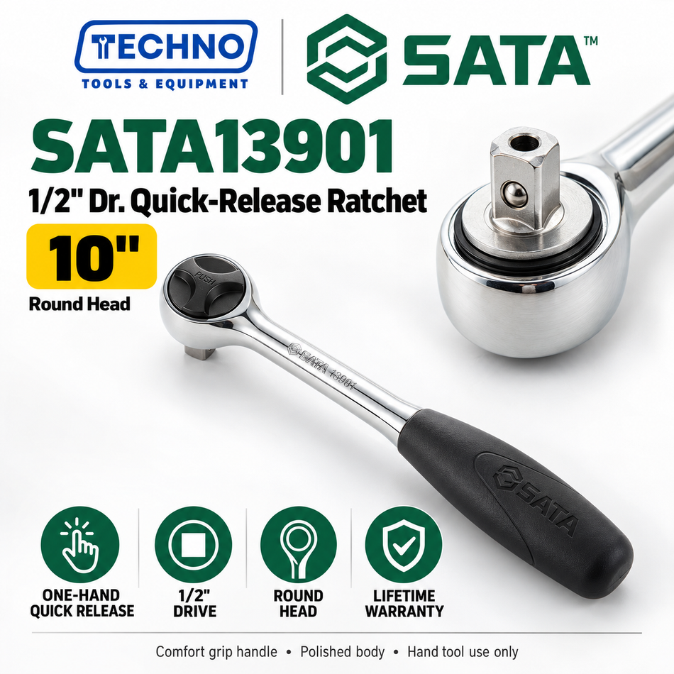 Shop SATA13901 1/2" Dr. quick-release ratchet with 10" round head. One-hand socket release, grip handle and lifetime warranty.