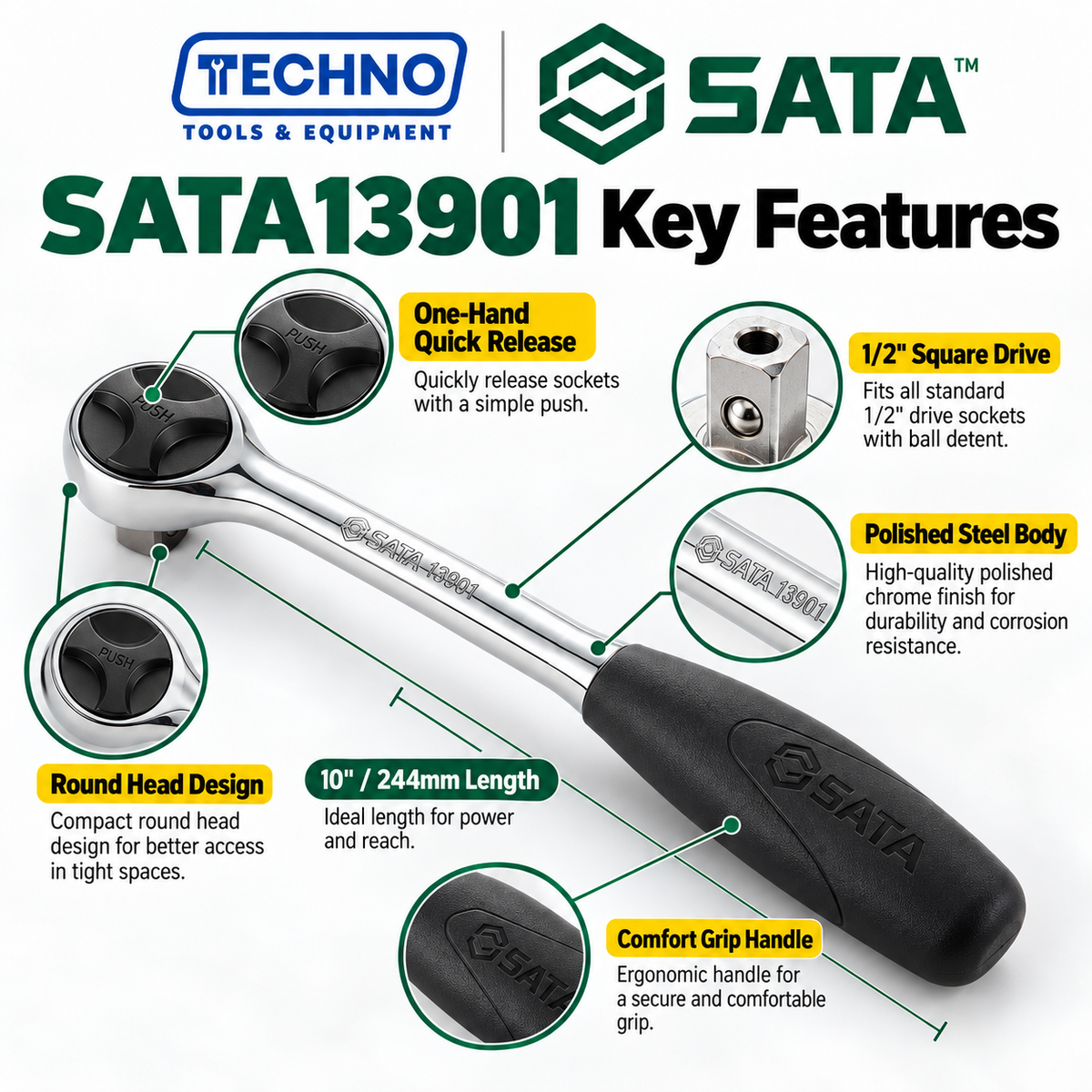 Shop SATA13901 1/2" Dr. quick-release ratchet with 10" round head. One-hand socket release, grip handle and lifetime warranty.