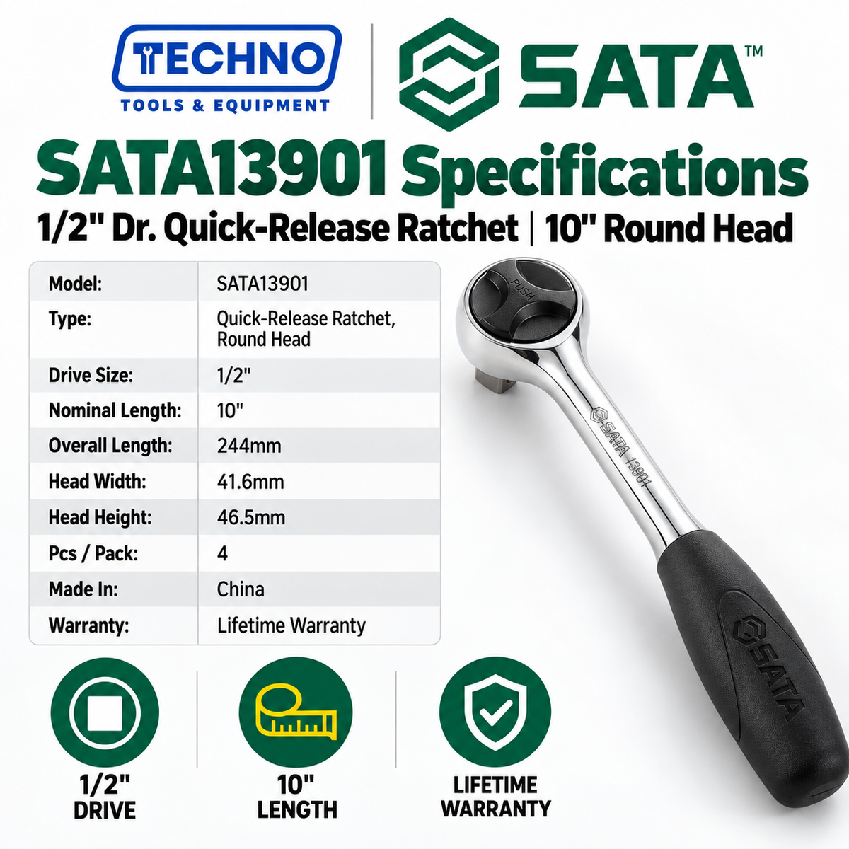 Shop SATA13901 1/2" Dr. quick-release ratchet with 10" round head. One-hand socket release, grip handle and lifetime warranty.