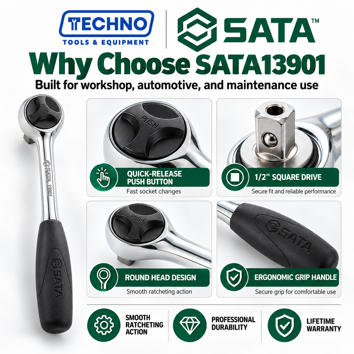 Shop SATA13901 1/2" Dr. quick-release ratchet with 10" round head. One-hand socket release, grip handle and lifetime warranty.