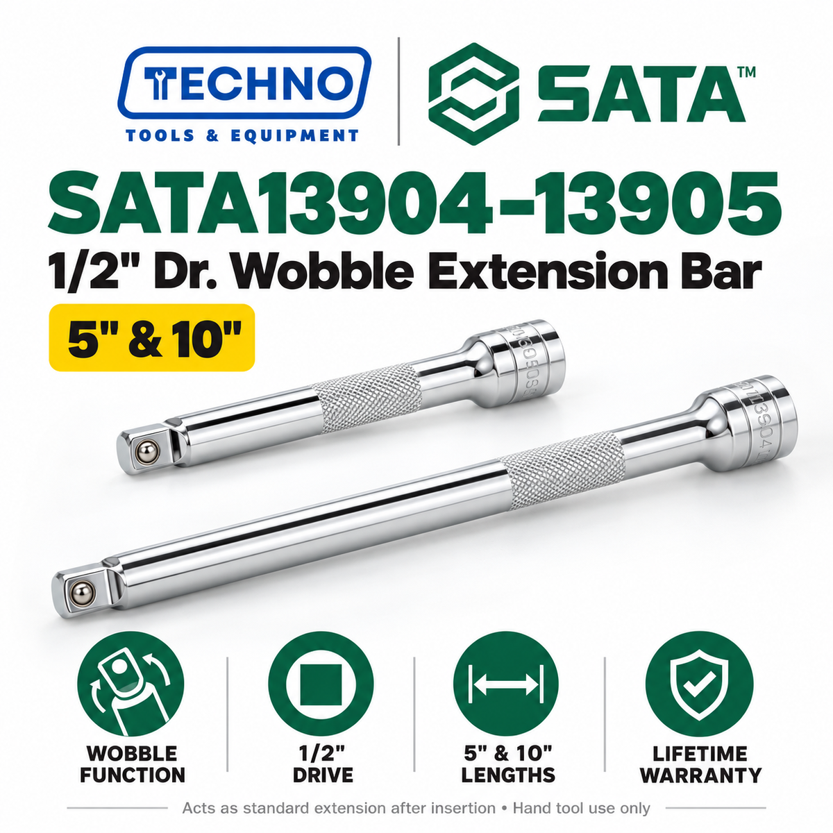 Shop SATA 1/2" Dr. wobble extension bars in 5" and 10" lengths. Turning head reaches angled fasteners; acts as a standard extension once inserted.