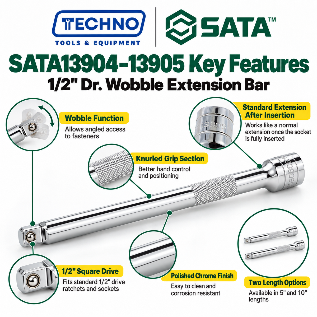 Shop SATA 1/2" Dr. wobble extension bars in 5" and 10" lengths. Turning head reaches angled fasteners; acts as a standard extension once inserted.