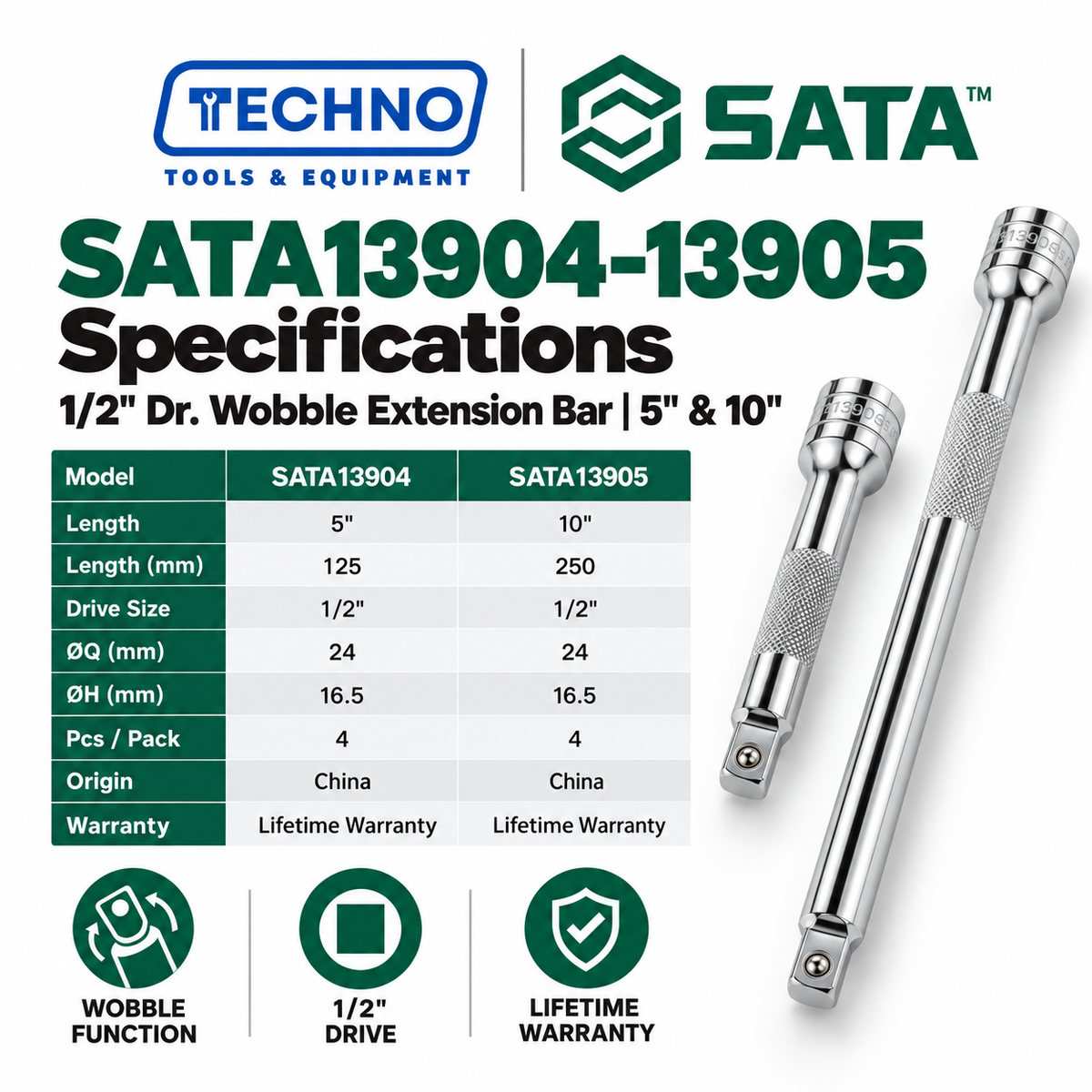 Shop SATA 1/2" Dr. wobble extension bars in 5" and 10" lengths. Turning head reaches angled fasteners; acts as a standard extension once inserted.