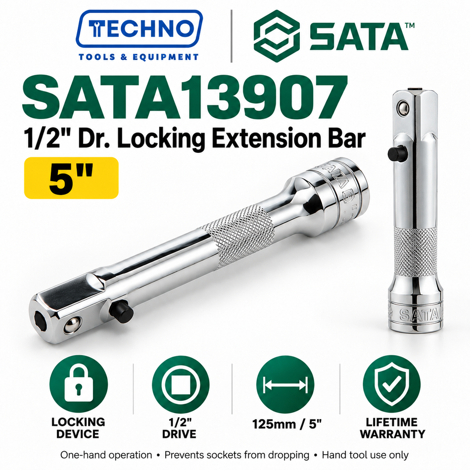 Shop SATA 1/2" Dr. locking extension bars in 3", 5" and 10". One-hand locking device keeps sockets and joints from dropping. Series 13906–13908.
