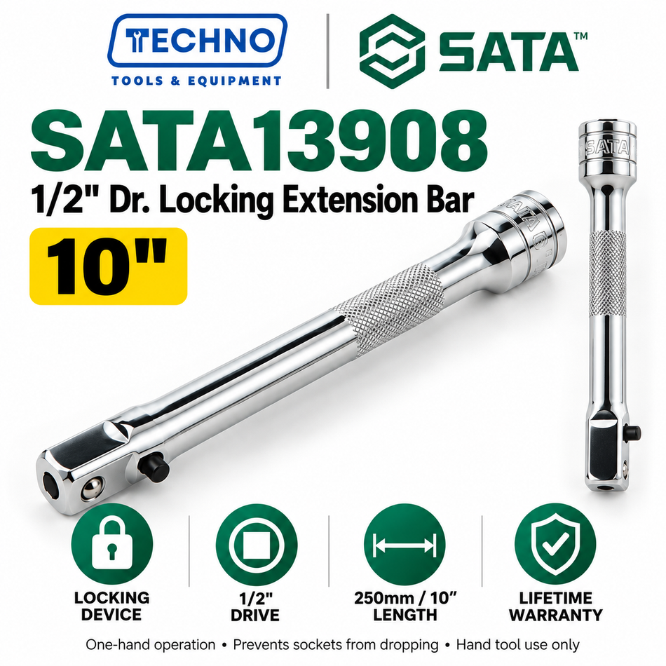 Shop SATA 1/2" Dr. locking extension bars in 3", 5" and 10". One-hand locking device keeps sockets and joints from dropping. Series 13906–13908.