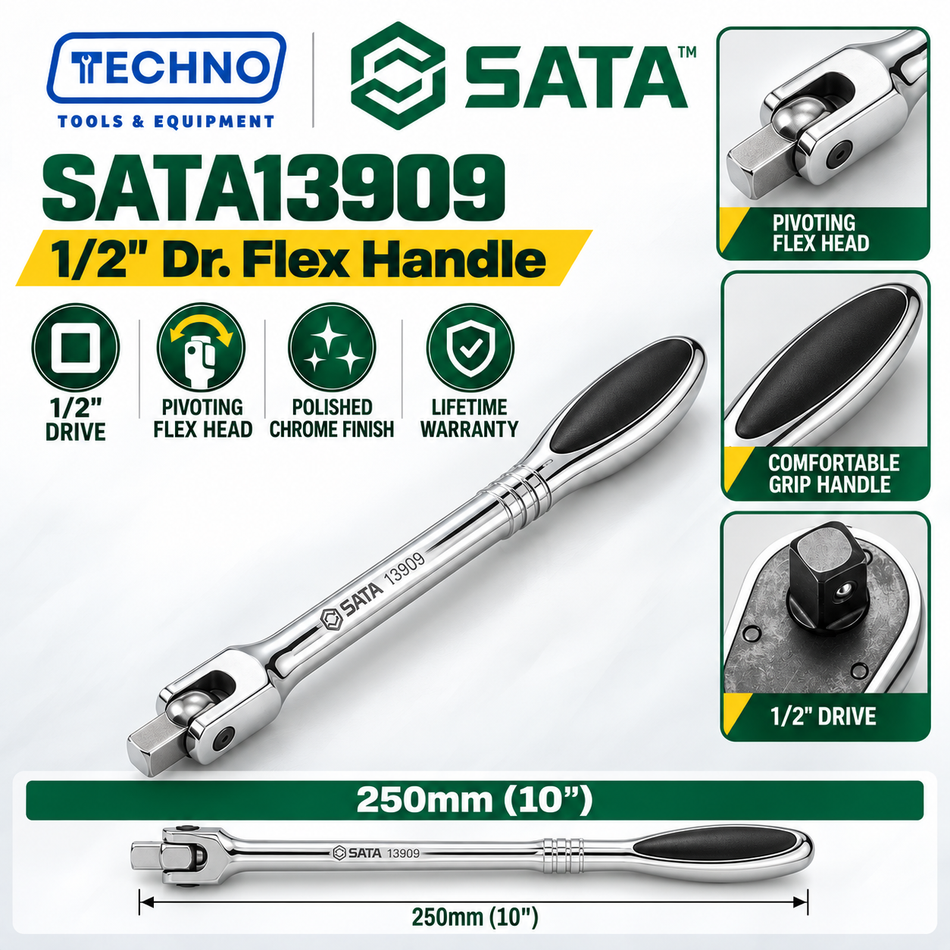 Shop SATA13909, SATA13911 & SATA13951 1/2" Dr. flex handles in 250mm, 375mm and 432mm. Pivoting head, chrome finish, lifetime warranty.