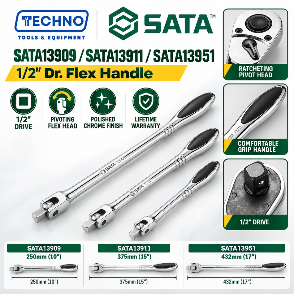 Shop SATA13909, SATA13911 & SATA13951 1/2" Dr. flex handles in 250mm, 375mm and 432mm. Pivoting head, chrome finish, lifetime warranty.