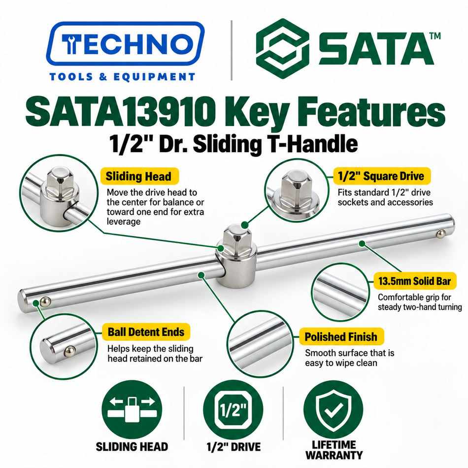 Shop SATA13910 1/2" Dr. sliding T-handle (T-bar), 10" long. Slide the head to adjust leverage, with lifetime warranty. For 1/2" drive sockets.