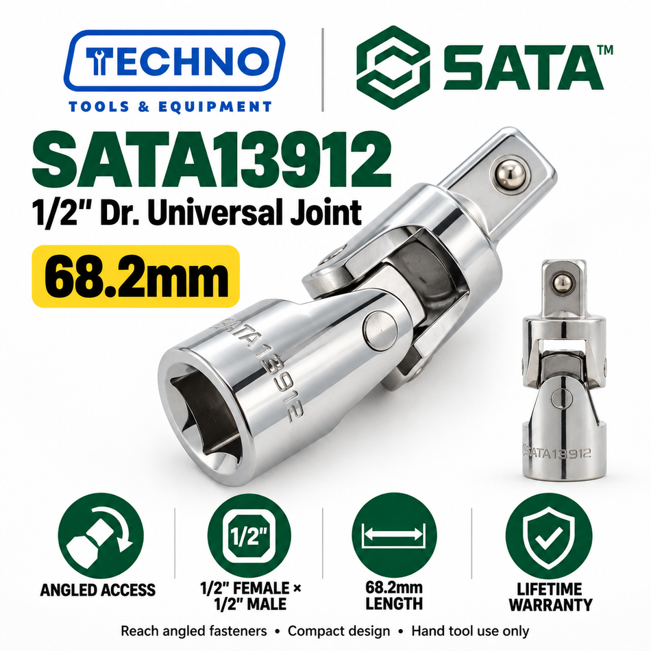 Shop SATA13912 1/2" Dr. universal joint, 1/2" female x 1/2" male, 68.2mm long. Reach fasteners at an angle, with lifetime warranty.
