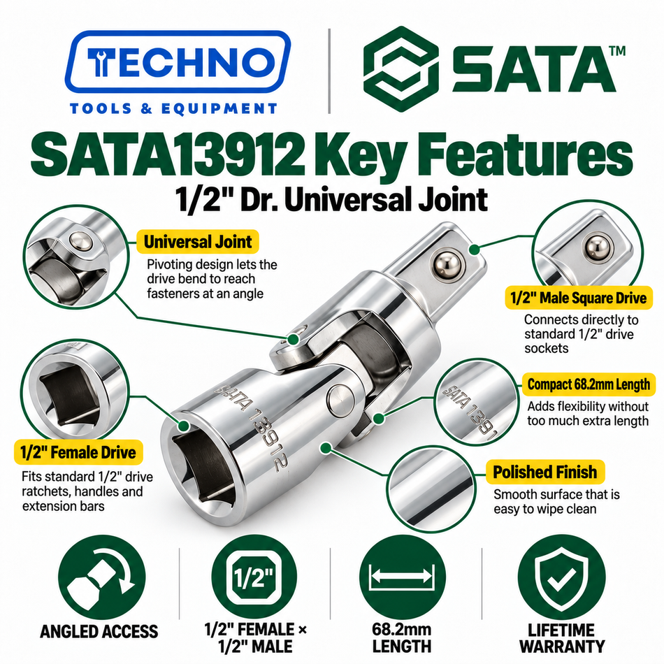 Shop SATA13912 1/2" Dr. universal joint, 1/2" female x 1/2" male, 68.2mm long. Reach fasteners at an angle, with lifetime warranty.