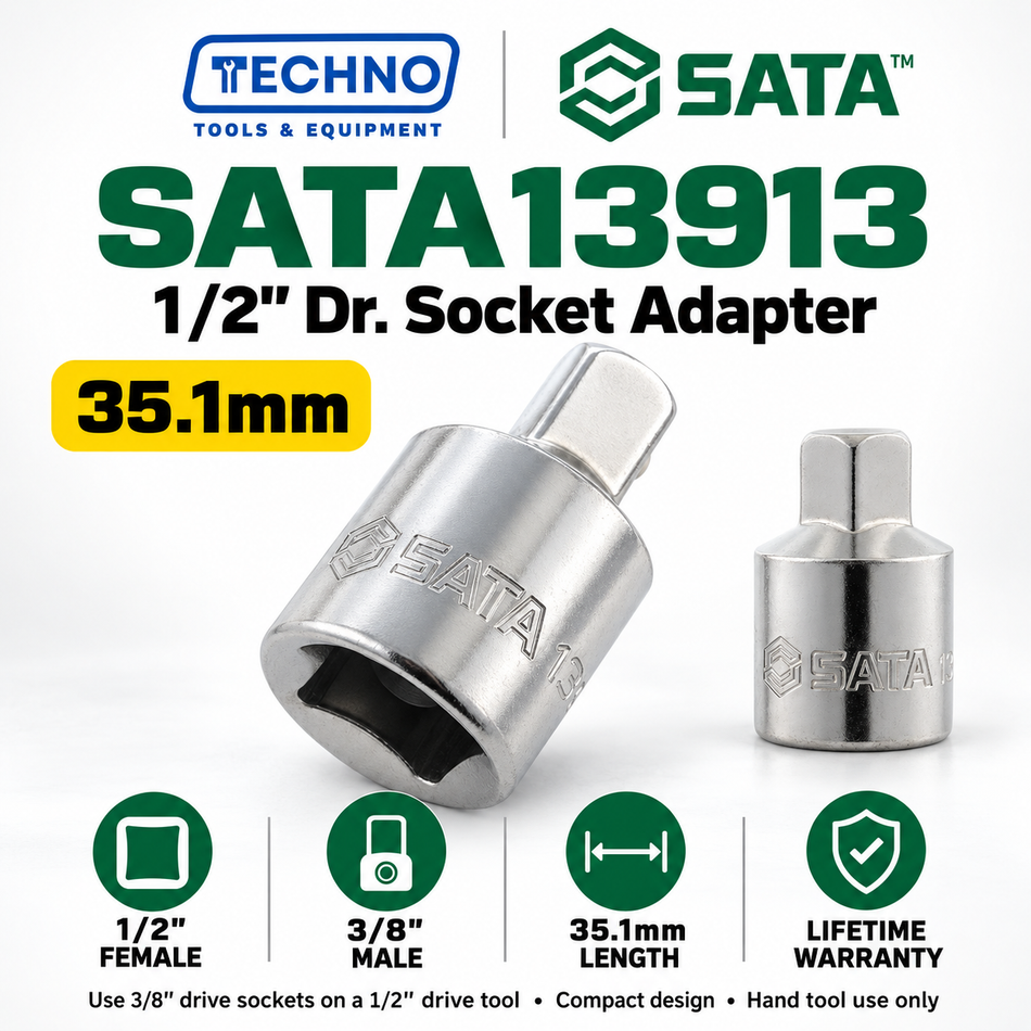 Shop SATA13913 1/2" Dr. socket adapter, 1/2" female x 3/8" male, 35.1mm long. Use 3/8" drive sockets on a 1/2" drive tool. Lifetime warranty.