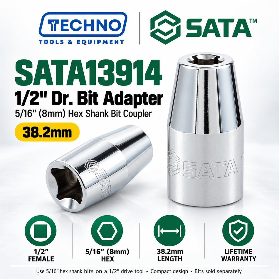 Shop SATA13914 1/2" Dr. bit adapter, 1/2" female x 5/16" (8mm) hex. Use hex shank bits with a 1/2" drive tool. 38.2mm long, lifetime warranty.