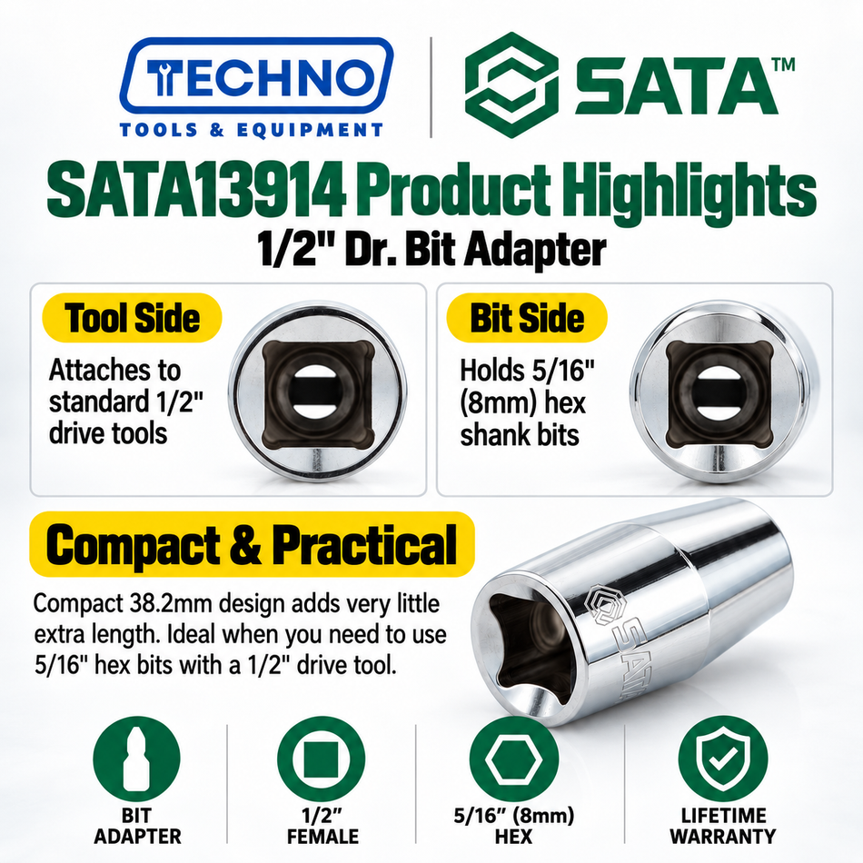 Shop SATA13914 1/2" Dr. bit adapter, 1/2" female x 5/16" (8mm) hex. Use hex shank bits with a 1/2" drive tool. 38.2mm long, lifetime warranty.