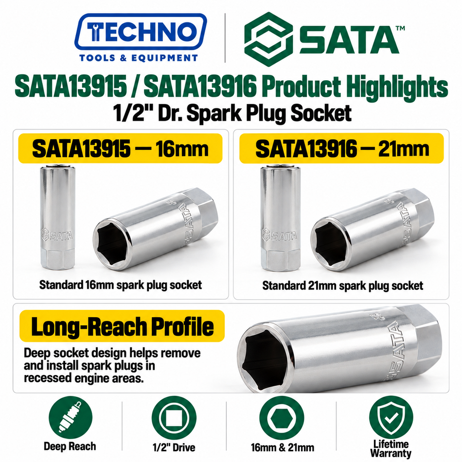 Shop SATA 1/2" Dr. spark plug sockets in 16mm and 21mm. Deep-reach design for removing and installing spark plugs, with lifetime warranty.
