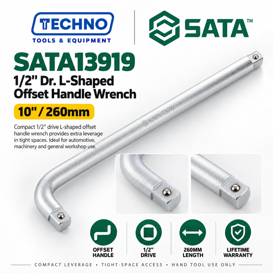 Shop SATA13919 1/2" Dr. L-shaped offset handle wrench, 10" (260mm). Compact leverage for tight spaces, with lifetime warranty.