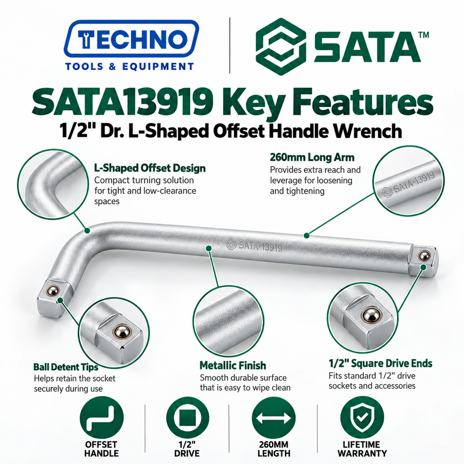 Shop SATA13919 1/2" Dr. L-shaped offset handle wrench, 10" (260mm). Compact leverage for tight spaces, with lifetime warranty.