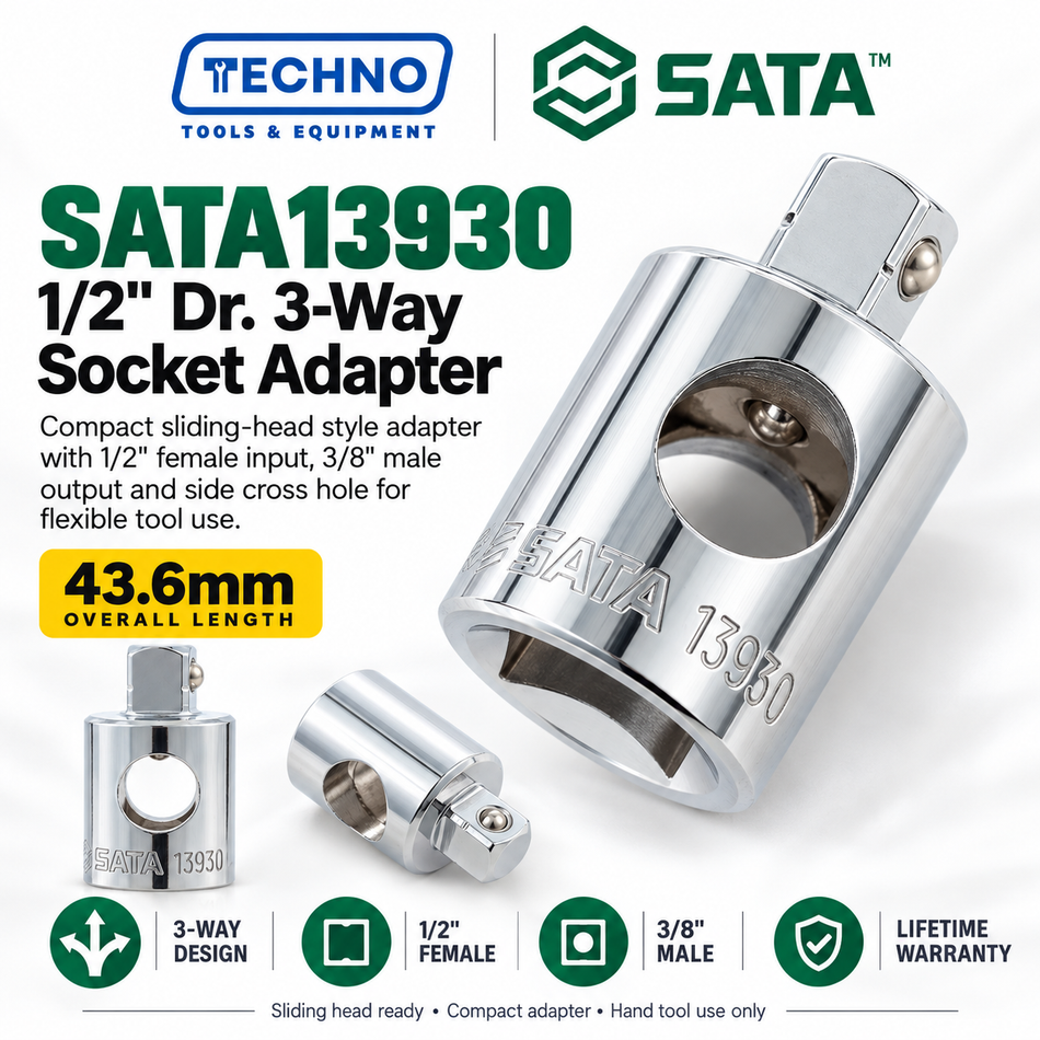 Shop SATA13930 1/2" Dr. 3-way socket adapter, 1/2" female x 3/8" male, 43.6mm. Sliding head design for flexible tool use, with lifetime warranty.