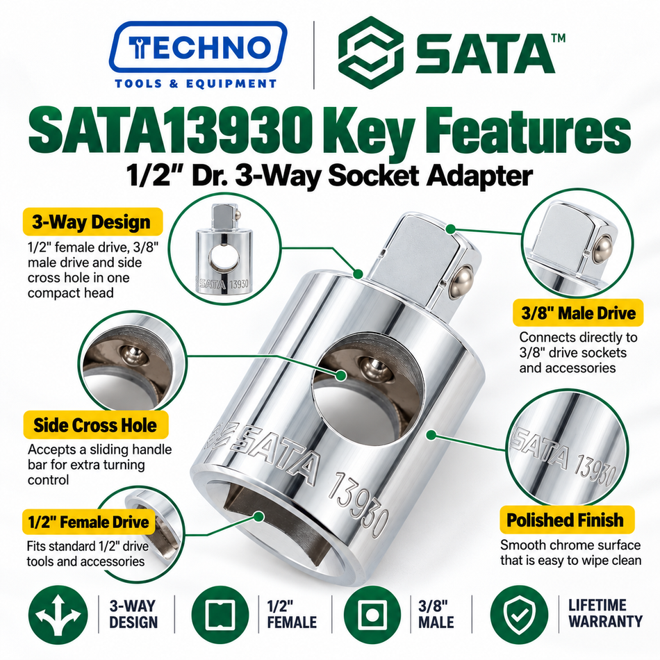 Shop SATA13930 1/2" Dr. 3-way socket adapter, 1/2" female x 3/8" male, 43.6mm. Sliding head design for flexible tool use, with lifetime warranty.