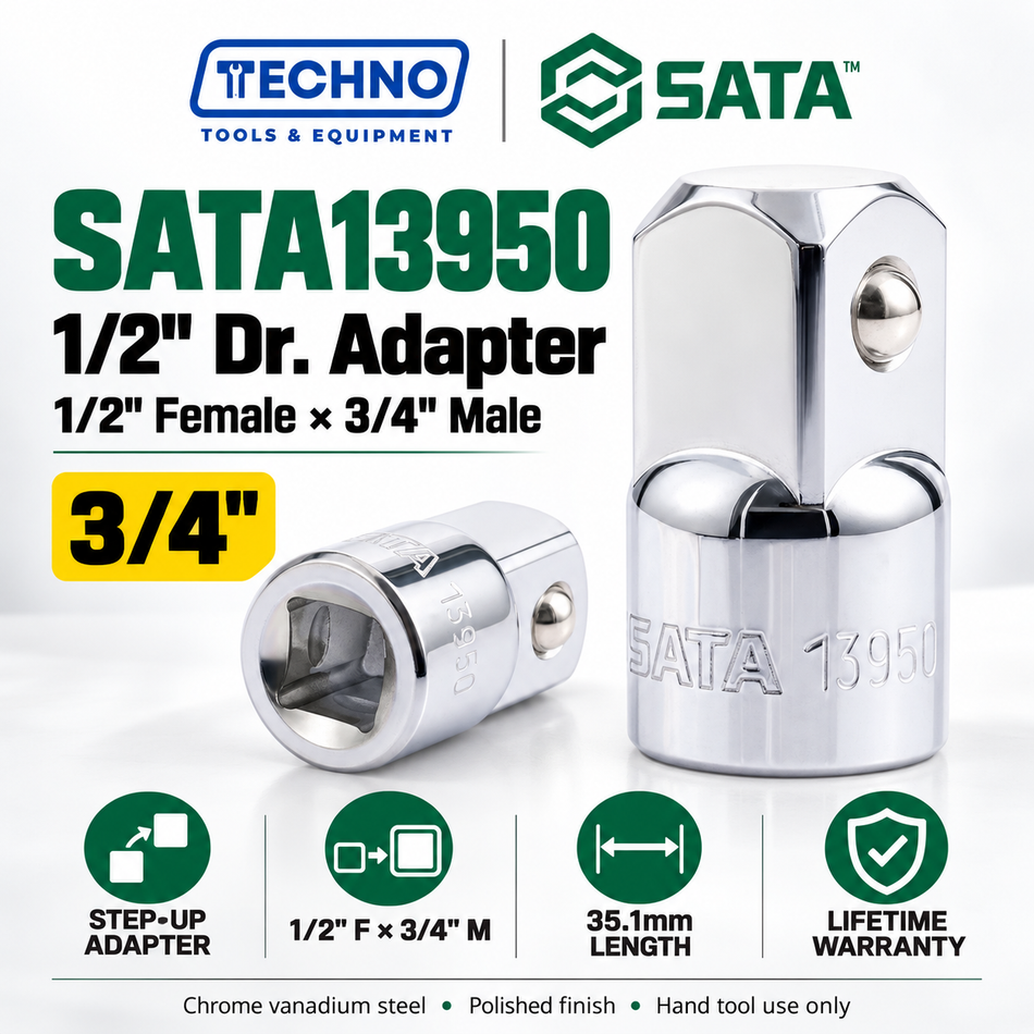 Shop SATA13950 1/2" Dr. adapter, 1/2" female x 3/4" male, 35.1mm. Made of chrome vanadium steel, lifetime warranty. Use 3/4" sockets on 1/2" tools.