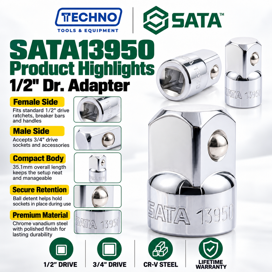 Shop SATA13950 1/2" Dr. adapter, 1/2" female x 3/4" male, 35.1mm. Made of chrome vanadium steel, lifetime warranty. Use 3/4" sockets on 1/2" tools.