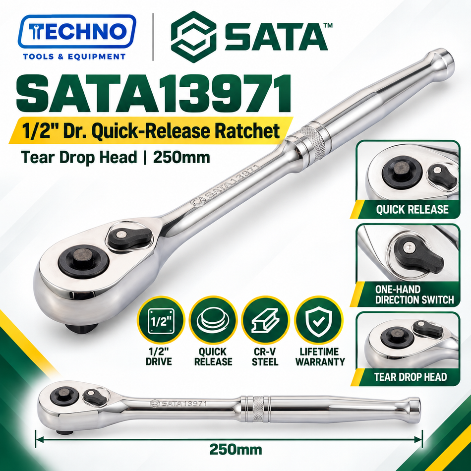 Shop SATA13971 1/2" Dr. quick-release ratchet, tear drop head, 250mm. Chrome vanadium steel, one-hand direction switch, lifetime warranty.