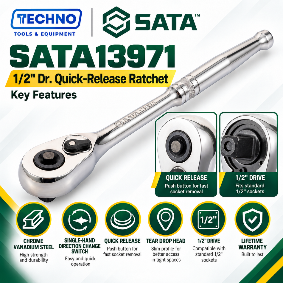 Shop SATA13971 1/2" Dr. quick-release ratchet, tear drop head, 250mm. Chrome vanadium steel, one-hand direction switch, lifetime warranty.