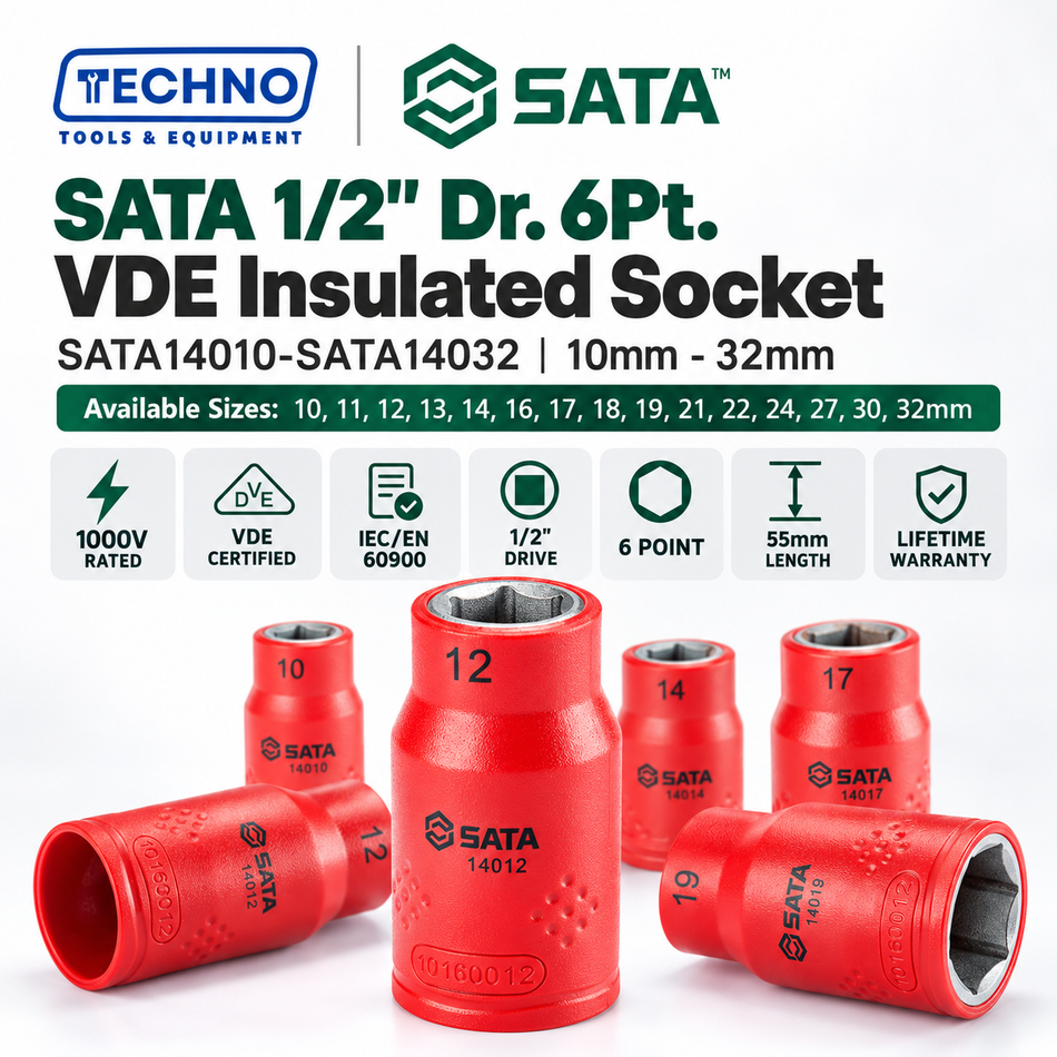 Shop SATA14010-SATA14032 1/2" Dr. 6Pt. VDE insulated sockets, 10-32mm. 1000V rated, Cr-V steel, chrome plated, lifetime warranty.
