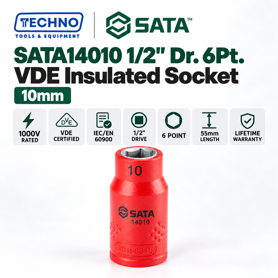 Shop SATA14010-SATA14032 1/2" Dr. 6Pt. VDE insulated sockets, 10-32mm. 1000V rated, Cr-V steel, chrome plated, lifetime warranty.