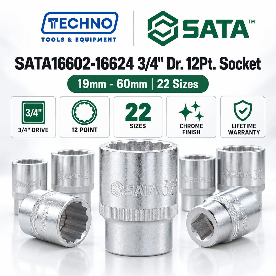 Shop SATA16602-SATA16624 3/4" Dr. 12Pt. sockets, 19mm to 60mm, 22 sizes. For hand tools, not impact wrenches. Lifetime warranty.