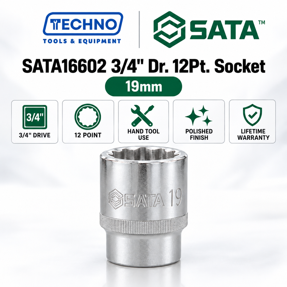 Shop SATA16602-SATA16624 3/4" Dr. 12Pt. sockets, 19mm to 60mm, 22 sizes. For hand tools, not impact wrenches. Lifetime warranty.