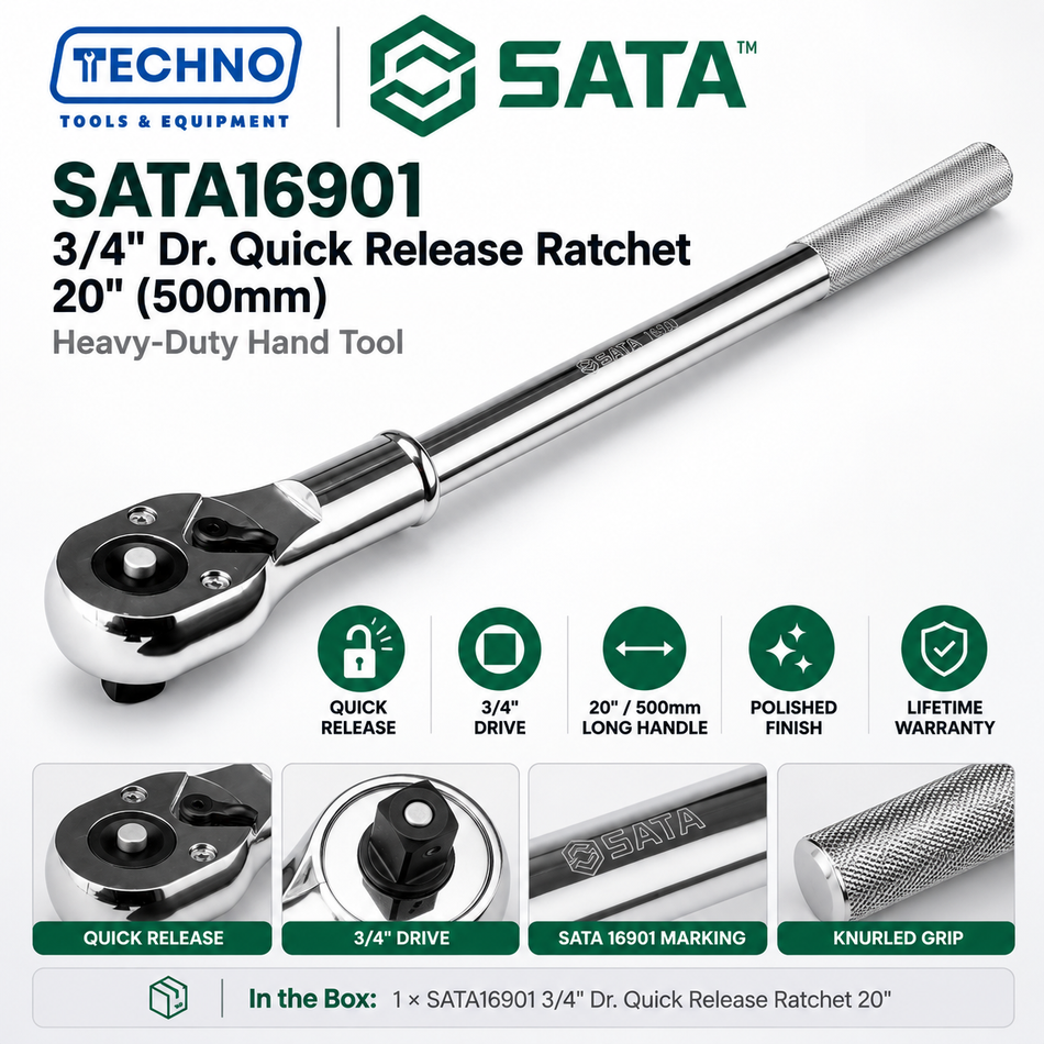 Shop SATA16901 3/4" Dr. quick release ratchet, 20" (500mm) long. One-hand quick release, long-reach handle, lifetime warranty.