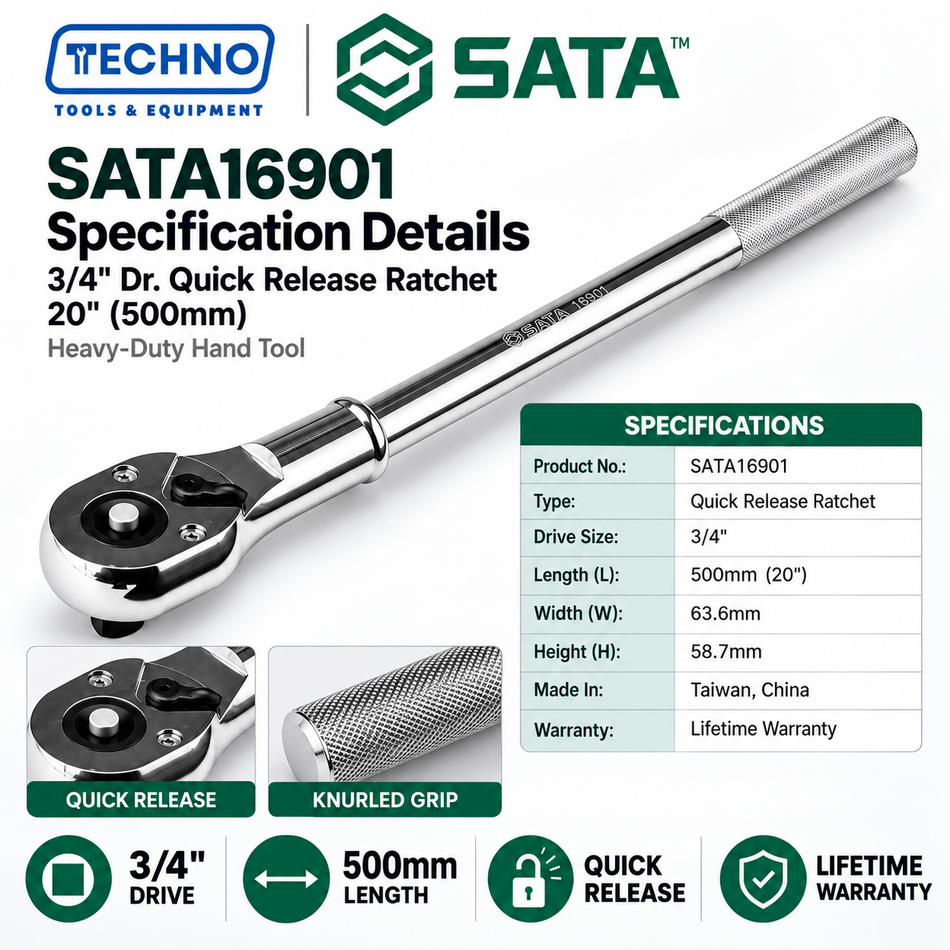 Shop SATA16901 3/4" Dr. quick release ratchet, 20" (500mm) long. One-hand quick release, long-reach handle, lifetime warranty.