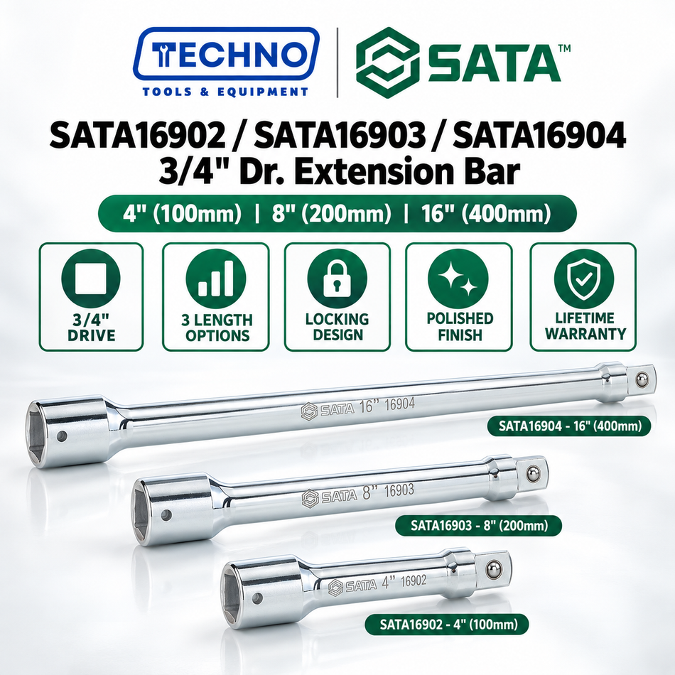 Shop SATA16902, SATA16903 & SATA16904 3/4" Dr. extension bars in 4", 8" and 16" (100-400mm). Lifetime warranty. Buy online.