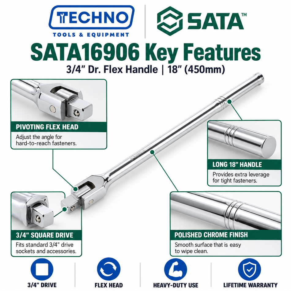 Shop SATA16906 3/4" Dr. flex handle, 18" (450mm). Pivoting head for hard-to-reach fasteners, long-handle leverage, lifetime warranty.