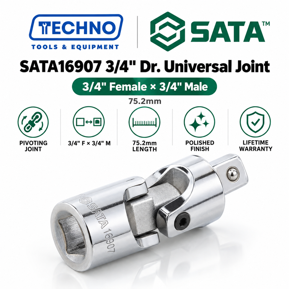 Shop SATA16907 3/4" Dr. universal joint, 3/4" female x 3/4" male, 75.2mm. Work at an angle with your socket tools. Lifetime warranty.