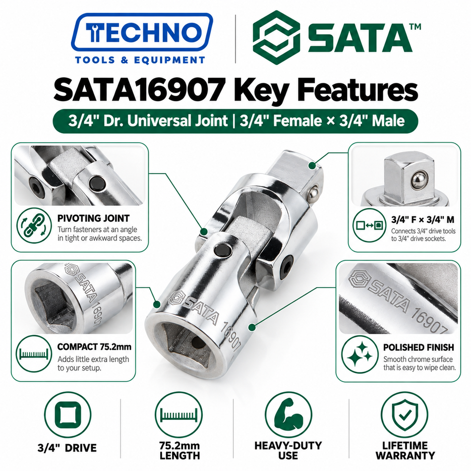 Shop SATA16907 3/4" Dr. universal joint, 3/4" female x 3/4" male, 75.2mm. Work at an angle with your socket tools. Lifetime warranty.