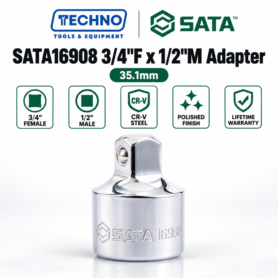 Shop SATA16908 3/4" female x 1/2" male adapter, 35.1mm. Made of chrome vanadium steel, lifetime warranty. Use 1/2" sockets on 3/4" tools.