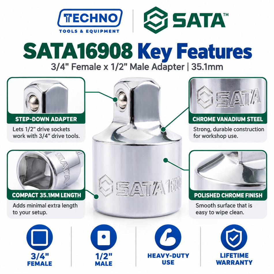 Shop SATA16908 3/4" female x 1/2" male adapter, 35.1mm. Made of chrome vanadium steel, lifetime warranty. Use 1/2" sockets on 3/4" tools.