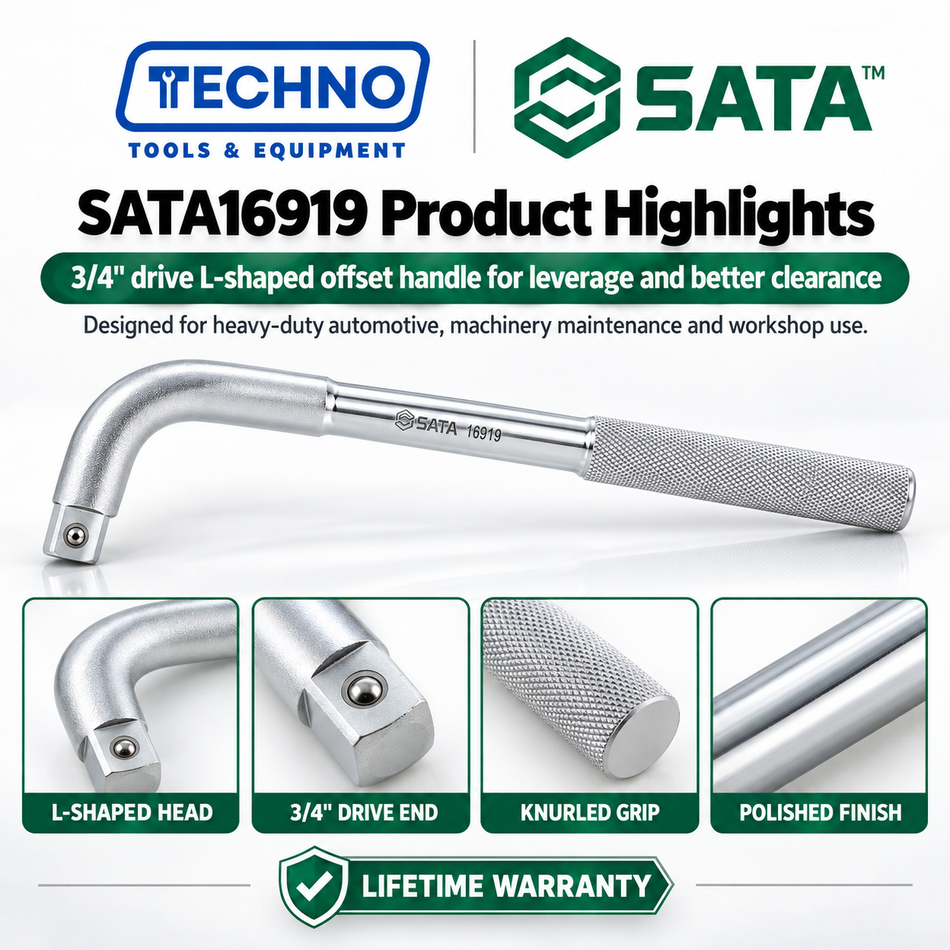 Shop SATA16919 3/4" Dr. L-shaped offset handle wrench, 13" (380mm). Reach tight spots with extra leverage. Lifetime warranty.
