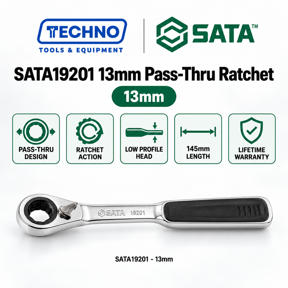 Shop SATA19201, SATA19301 & SATA19401 pass-thru ratchets in 13mm, 20mm and 30mm. Slim head for tight spaces. Lifetime warranty.