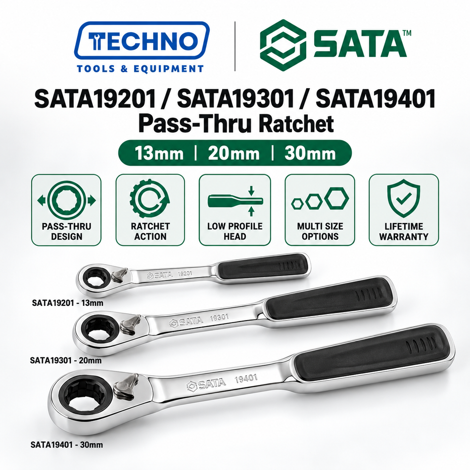 Shop SATA19201, SATA19301 & SATA19401 pass-thru ratchets in 13mm, 20mm and 30mm. Slim head for tight spaces. Lifetime warranty.