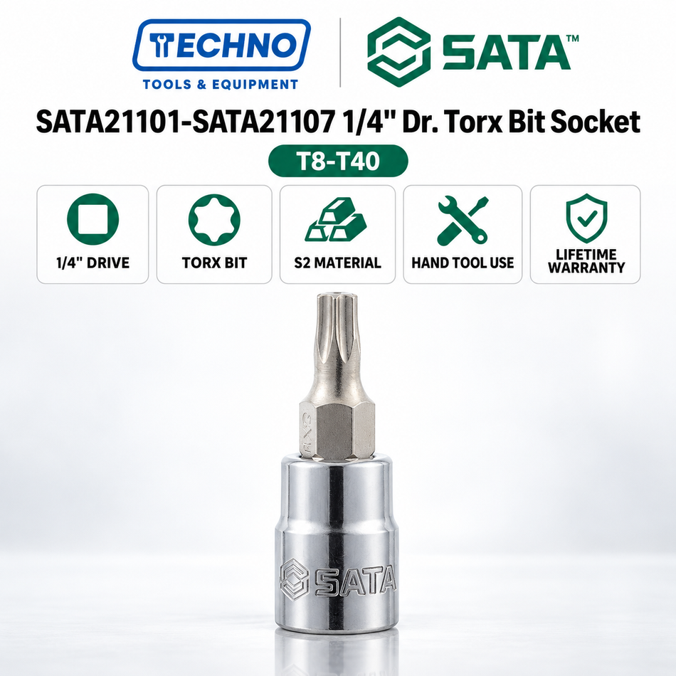 Shop SATA21101-SATA21107 1/4" Dr. Torx bit sockets, T8 to T40, 36.5mm. S2 bit, anti-slip, lifetime warranty. Hand use only.