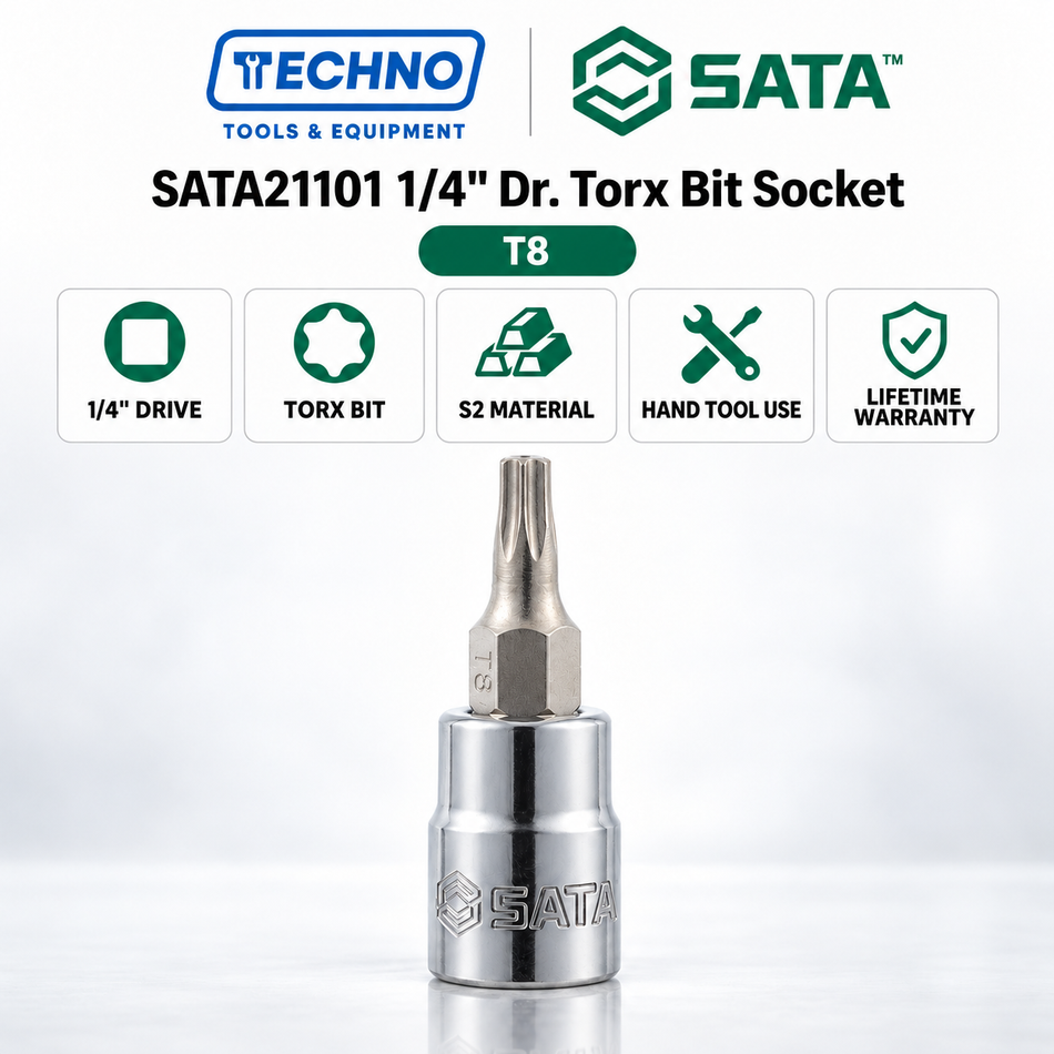 Shop SATA21101-SATA21107 1/4" Dr. Torx bit sockets, T8 to T40, 36.5mm. S2 bit, anti-slip, lifetime warranty. Hand use only.