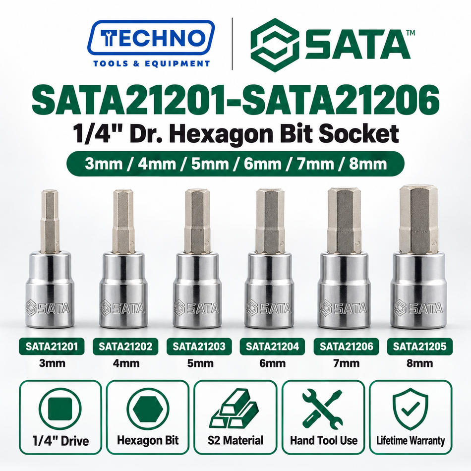 Shop SATA21201-SATA21206 1/4" Dr. hexagon bit sockets, 3mm to 8mm, 36.5mm. S2 bit, lifetime warranty. Hand use only.