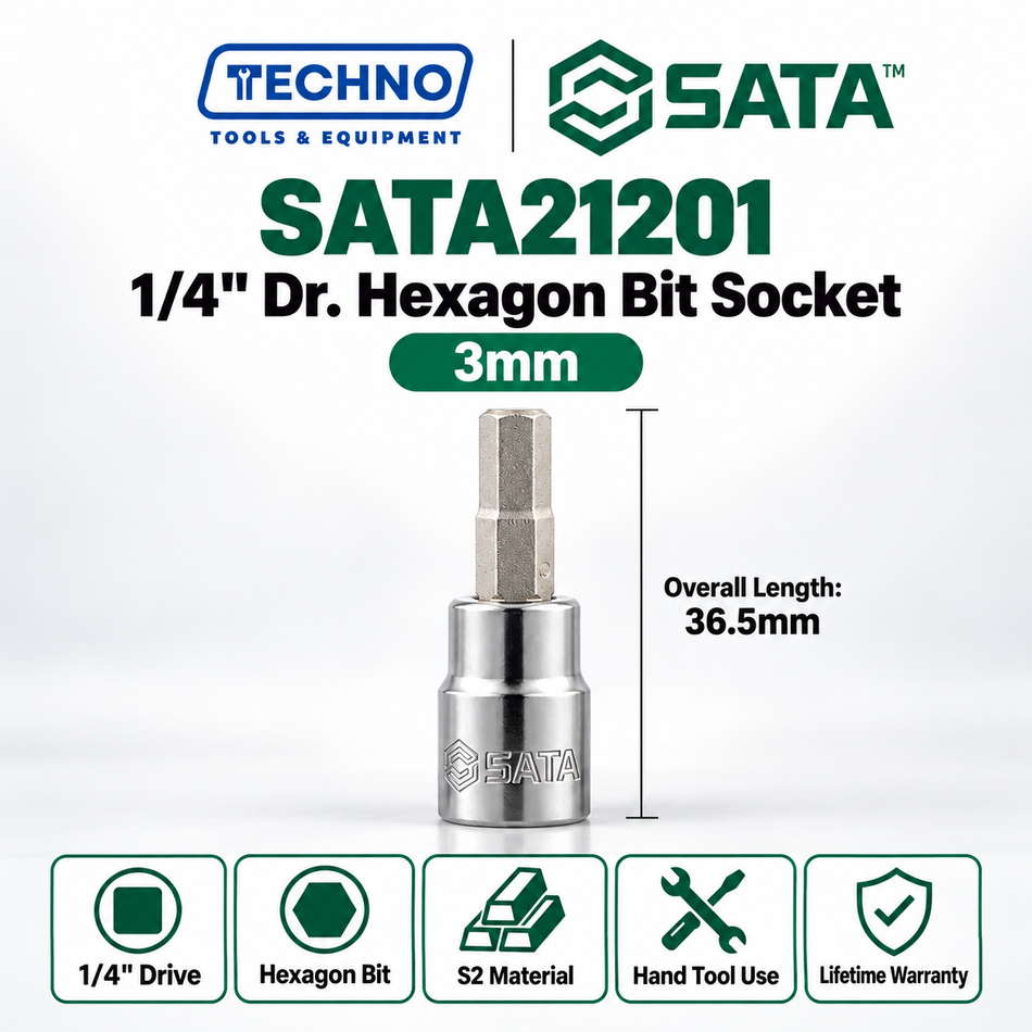 Shop SATA21201-SATA21206 1/4" Dr. hexagon bit sockets, 3mm to 8mm, 36.5mm. S2 bit, lifetime warranty. Hand use only.