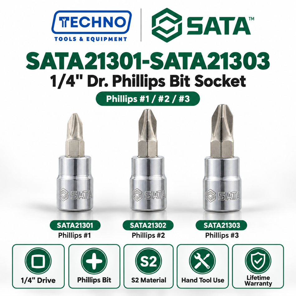 Shop SATA21301-SATA21303 1/4" Dr. Phillips bit sockets, #1, #2 and #3, 36.5mm. S2 bit, lifetime warranty. Hand use only.