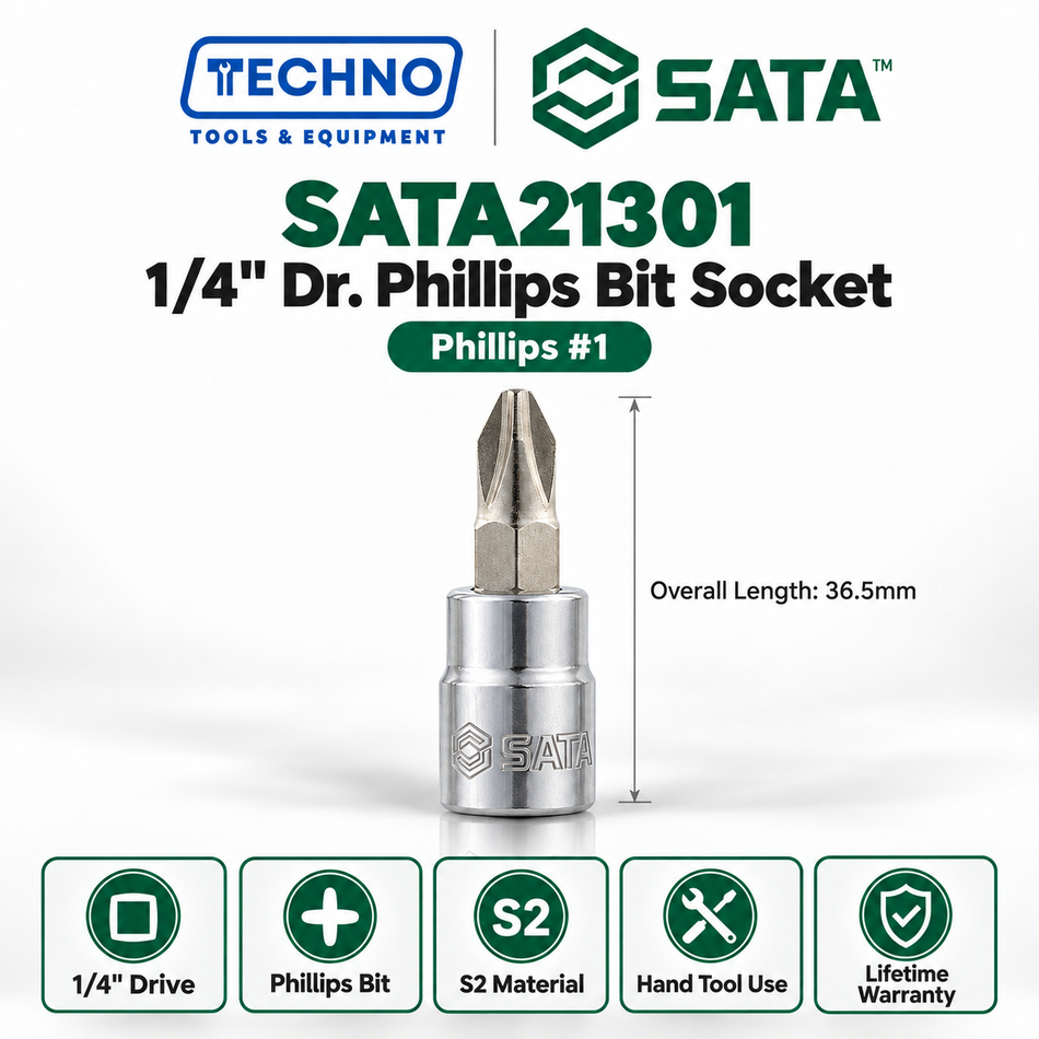 Shop SATA21301-SATA21303 1/4" Dr. Phillips bit sockets, #1, #2 and #3, 36.5mm. S2 bit, lifetime warranty. Hand use only.