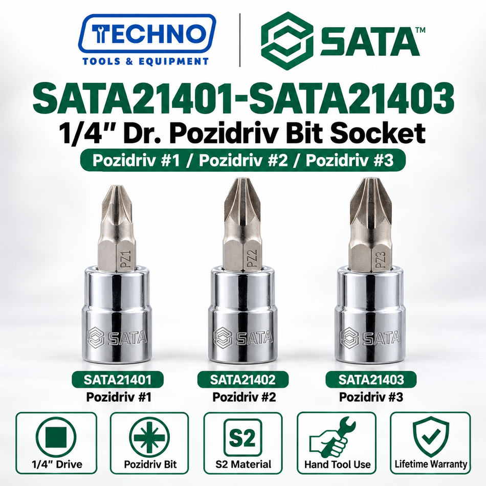 Shop SATA21401-SATA21403 1/4" Dr. Pozidriv bit sockets, #1, #2 and #3, 36.5mm. S2 bit, lifetime warranty. Hand use only.
