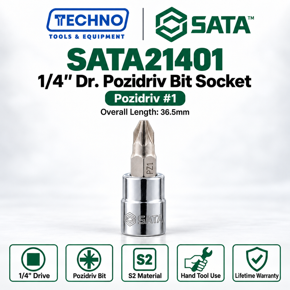 Shop SATA21401-SATA21403 1/4" Dr. Pozidriv bit sockets, #1, #2 and #3, 36.5mm. S2 bit, lifetime warranty. Hand use only.