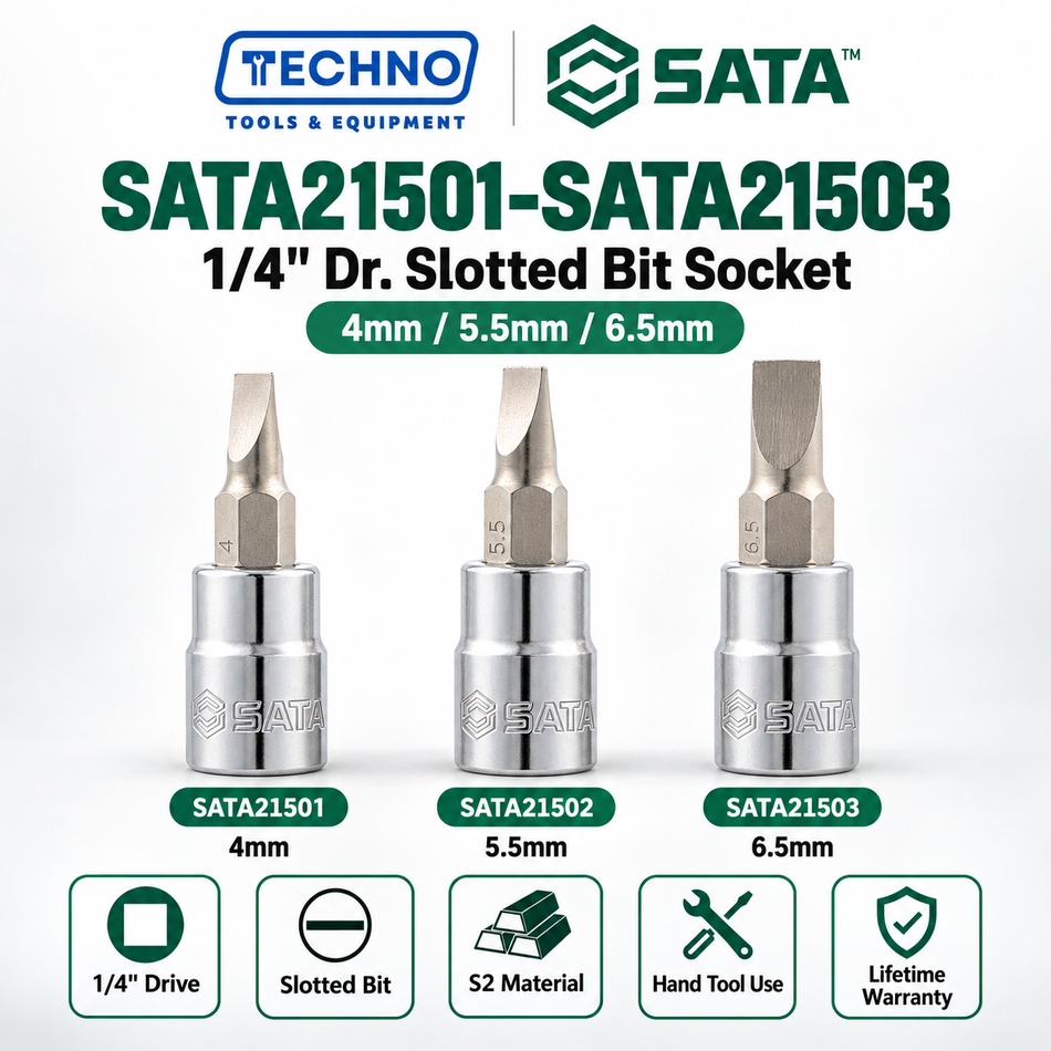Shop SATA21501-SATA21503 1/4" Dr. slotted bit sockets, 4mm, 5.5mm and 6.5mm, 36.5mm. S2 bit, lifetime warranty. Hand use only.